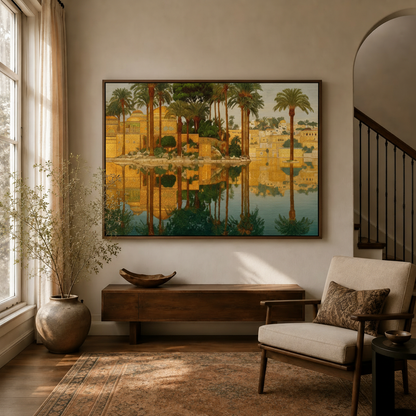Golden palace framed canvas wall art displayed above console in bright living room entryway