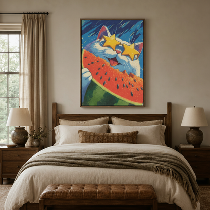 Retro pop white cat star sunglasses watermelon canvas in dark walnut frame above cozy neutral bedroom headboard