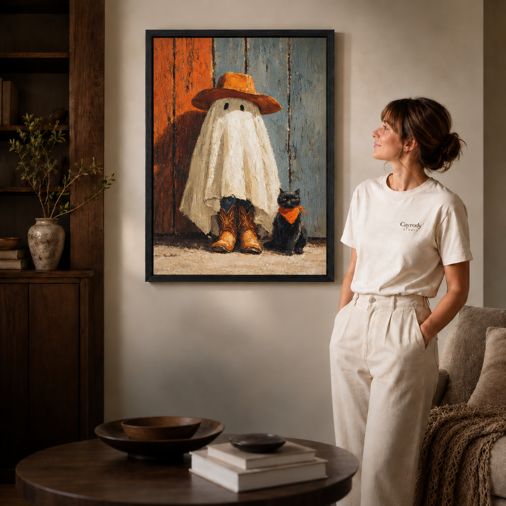Black-framed Halloween ghost in cowboy boots painting with a black cat, styled in a warm fall living room