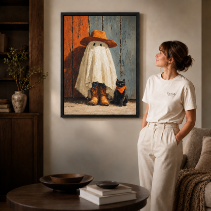 Black-framed Halloween ghost in cowboy boots painting with a black cat, styled in a warm fall living room