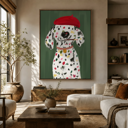 Dalmatian artist dog canvas print hanging in a warm modern living room with olive tree and cream sofa