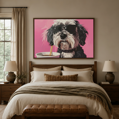 Large pop art dog canvas above sofa in warm neutral living room with olive tree decor