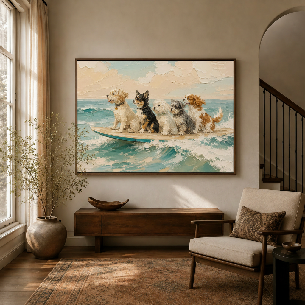 Whimsical dog surfing canvas bringing coastal color to a modern interior