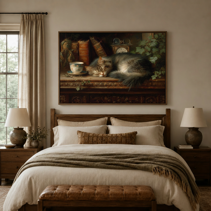 Gray cat sleeping desk Old Master still life canvas wall art above walnut headboard in warm cream bedroom