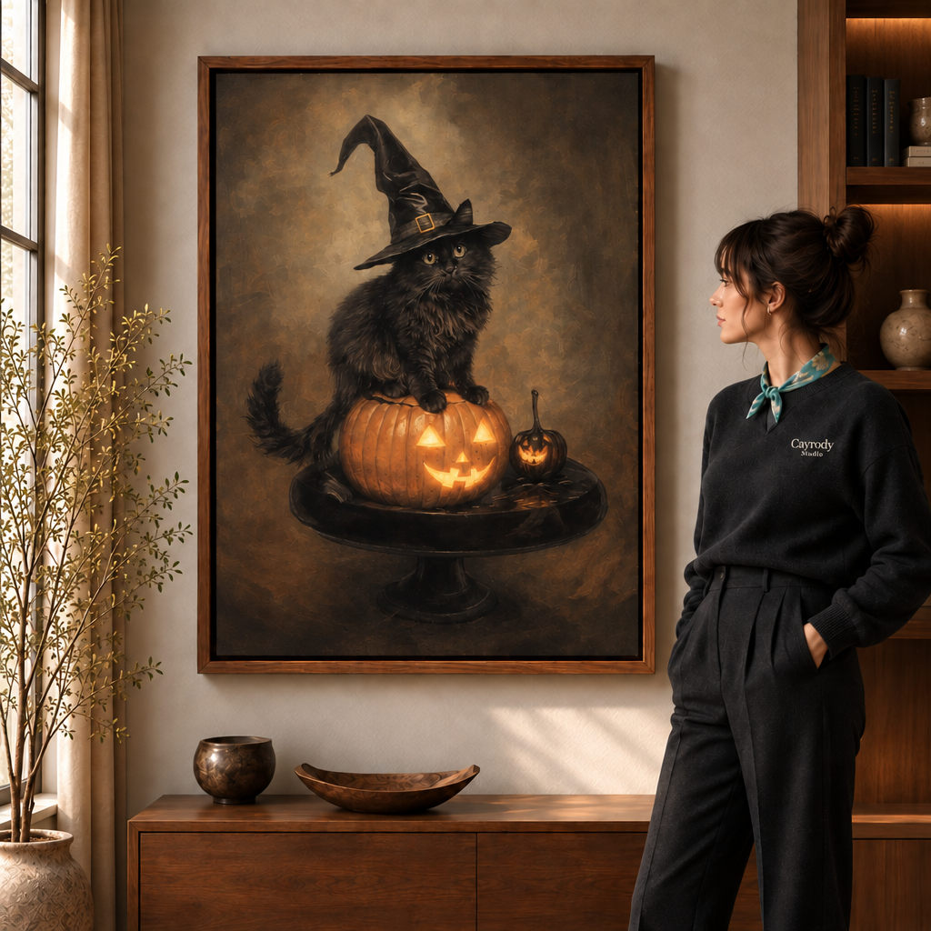 Halloween black cat canvas wall art with glowing jack-o’-lanterns in a warm living room