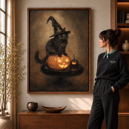 Halloween black cat canvas wall art with glowing jack-o’-lanterns in a warm living room