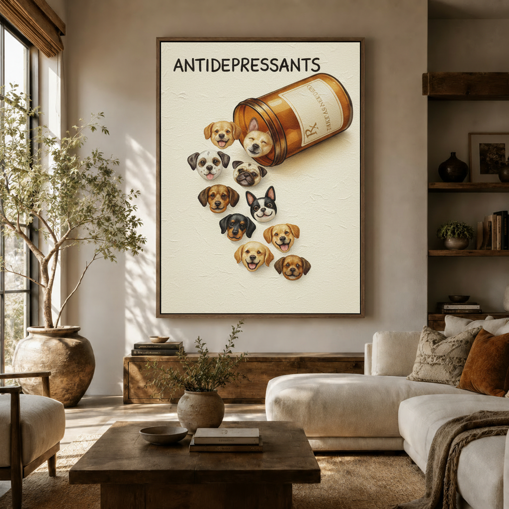 Funny antidepressants dog breeds illustration canvas print above white sofa in bright living room