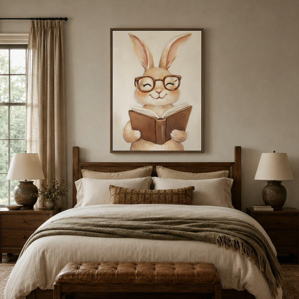 Watercolor bunny with glasses reading canvas wall art in dark walnut float frame above linen headboard