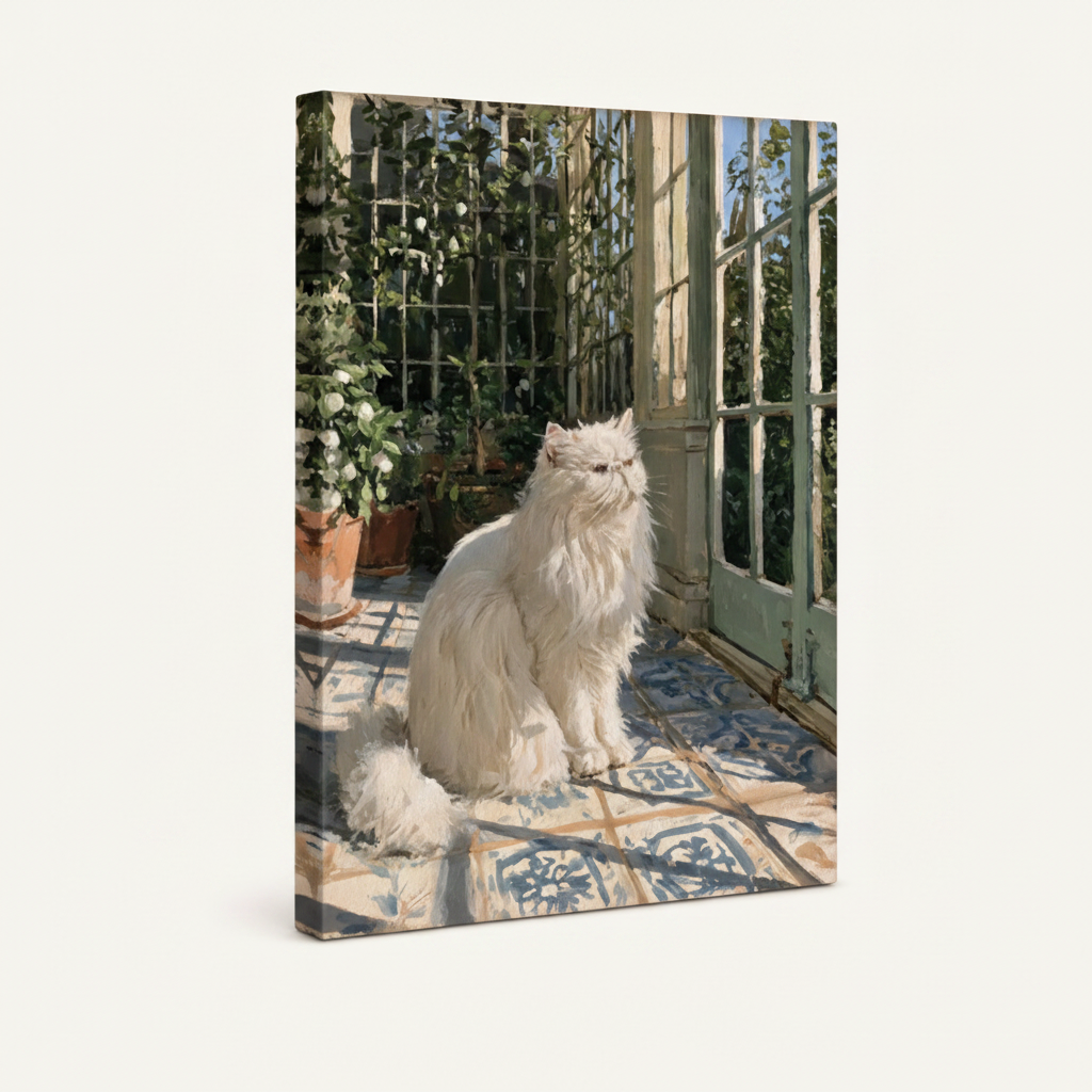 White Persian cat sunlit conservatory canvas print shown as gallery wrap with visible side depth, white background