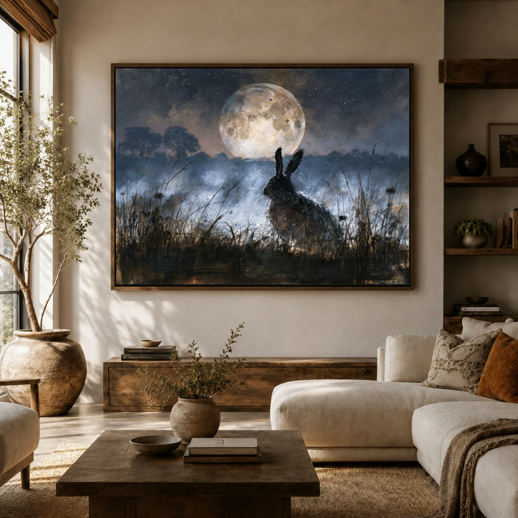 Large framed dark hare moon canvas print displayed above a cream sofa in an organic modern living room