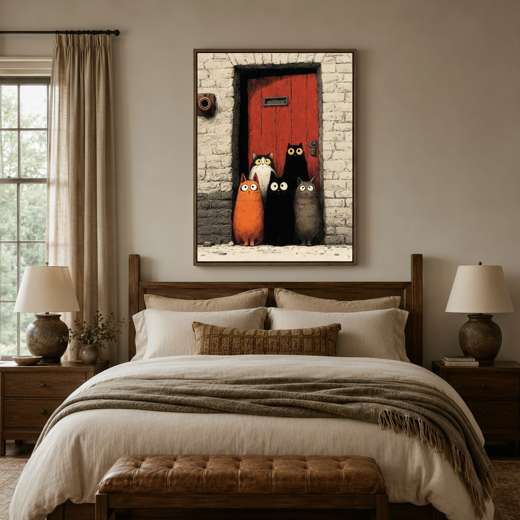  Five cartoon cats at red door comic canvas wall art displayed above bed in cozy bedroom interior