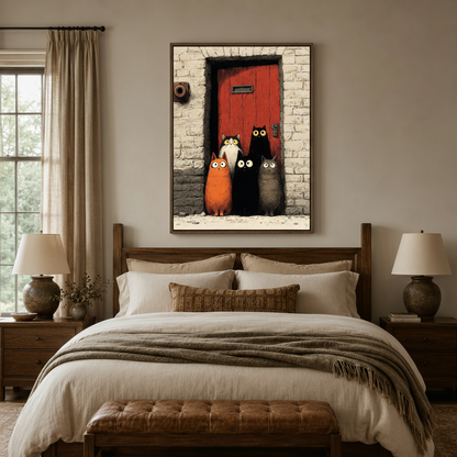 Five cartoon cats at red door comic canvas wall art displayed above bed in cozy bedroom interior