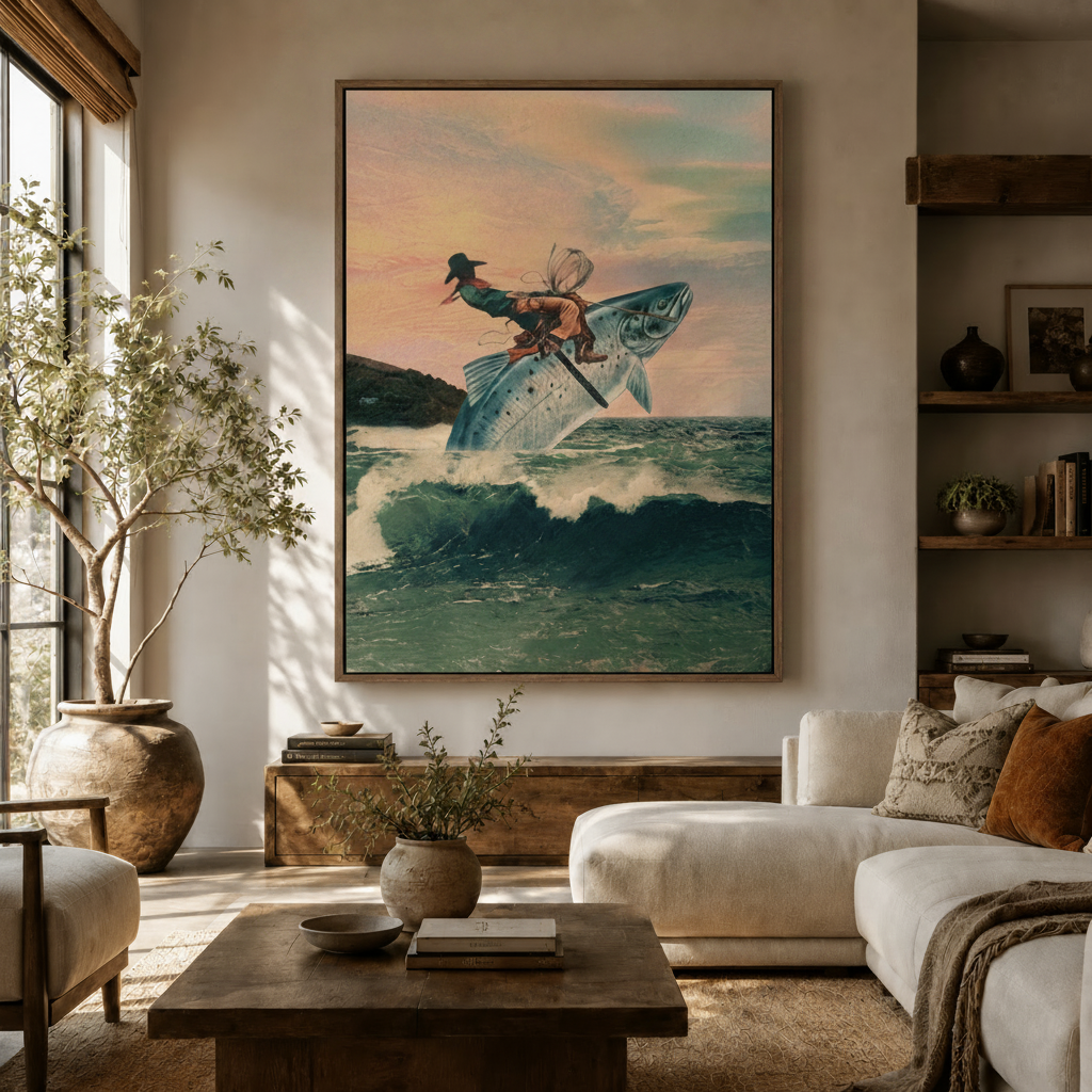 Whimsical cowboy rides giant fish canvas wall art displayed above sofa in bright Scandinavian-style living room