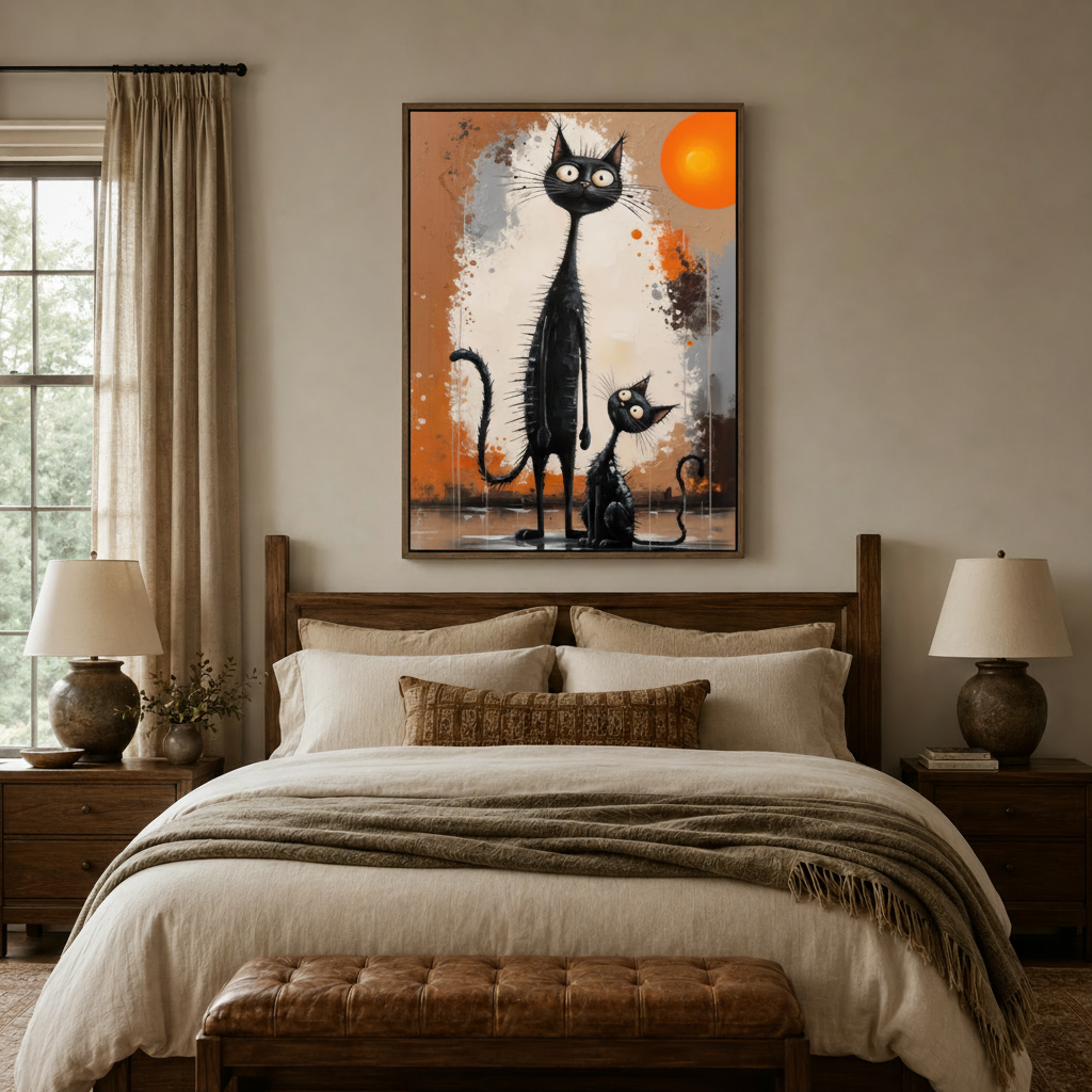  Black cat duo abstract expressionist canvas wall art displayed above bed in cozy warm bedroom