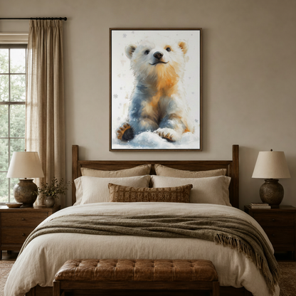 Cute polar bear cub watercolor wall art displayed above farmhouse bed in cozy neutral bedroom