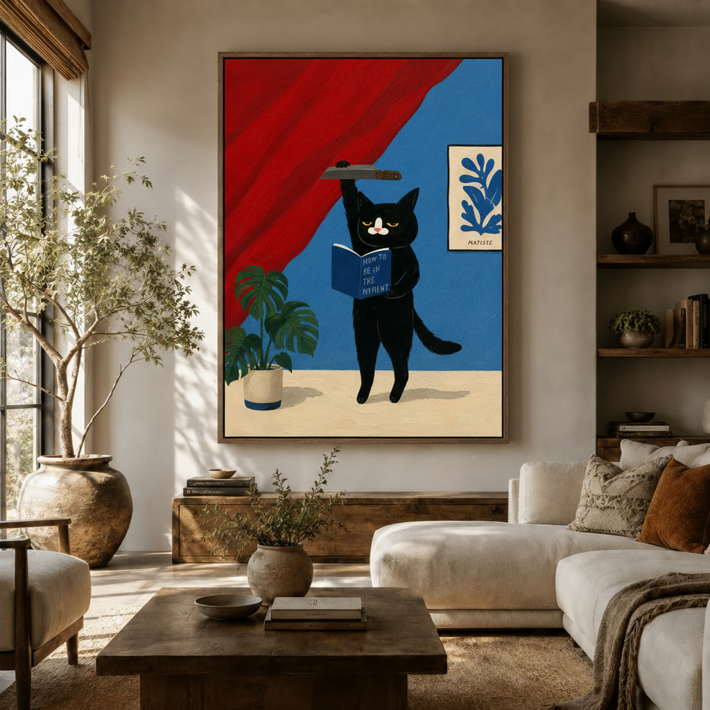 Bold funny black cat canvas art hanging above sofa in warm modern living room with wood accents