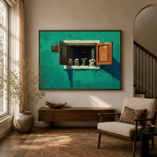 Funny dogs in sunglasses impasto canvas art displayed above console in warm entryway