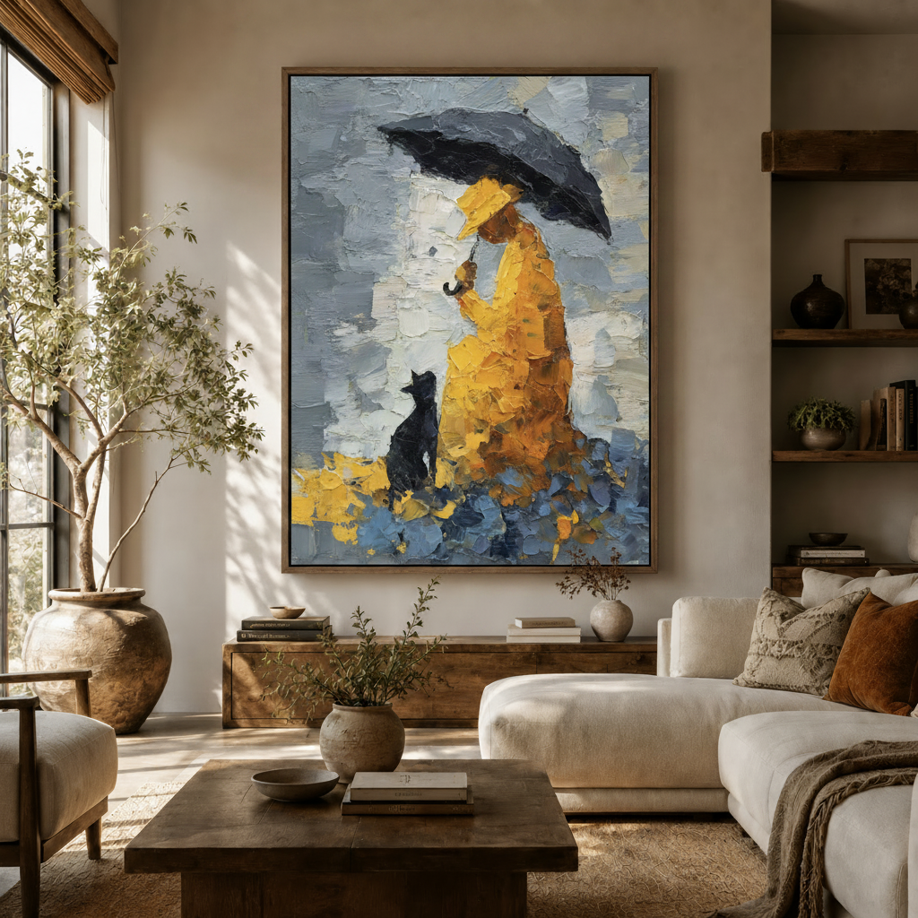 Yellow raincoat impasto canvas wall art above a wooden sideboard in a bright modern living roomroom