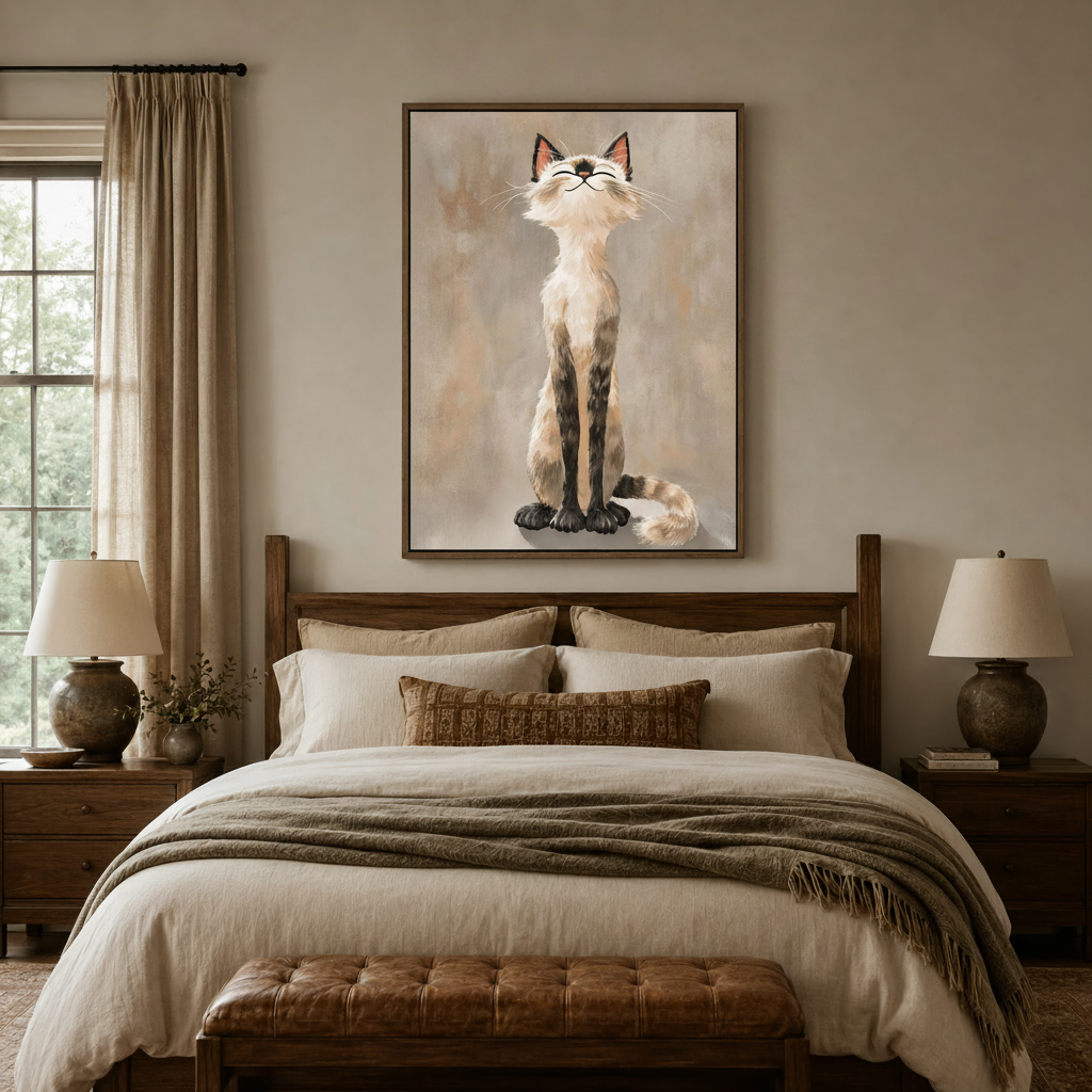  Blissful Siamese cat illustrated canvas wall art in dark frame displayed above bed in cozy bedroom