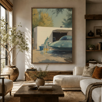 Alien washing flying saucer watercolor wall art in dark walnut floating frame above console in warm Japandi living room