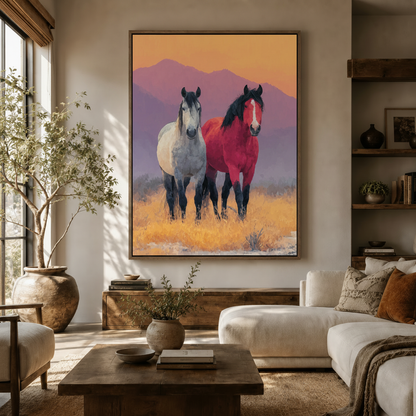 Two wild horses sunset western oil painting canvas wall art displayed in bright modern living room