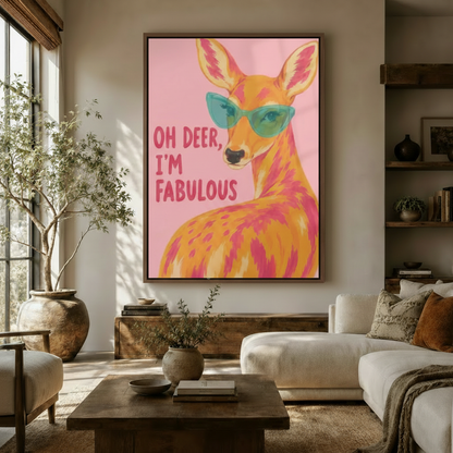 Bold pink pop art deer wall art with teal sunglasses hanging in warm modern living room above wooden sideboard