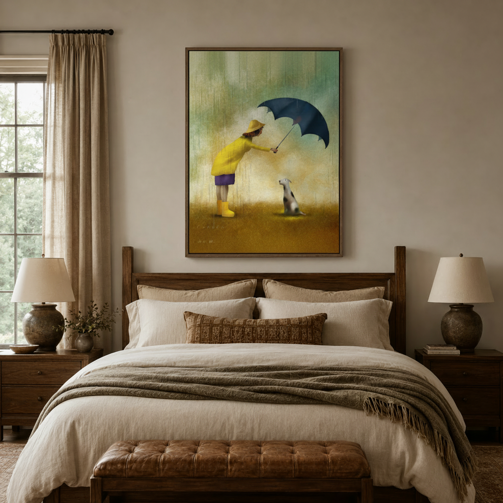 Whimsical figurative oil painting canvas above a wooden bed in a cozy neutral bedroom