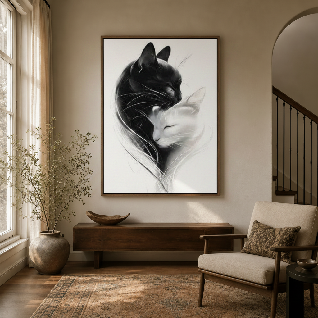 Yin yang cat wall art displayed in a warm neutral entryway above a walnut console table