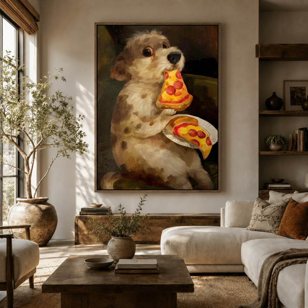 Large dog pizza canvas on living room wall above white sofa with olive tree rustic wood shelves and warm afternoon light