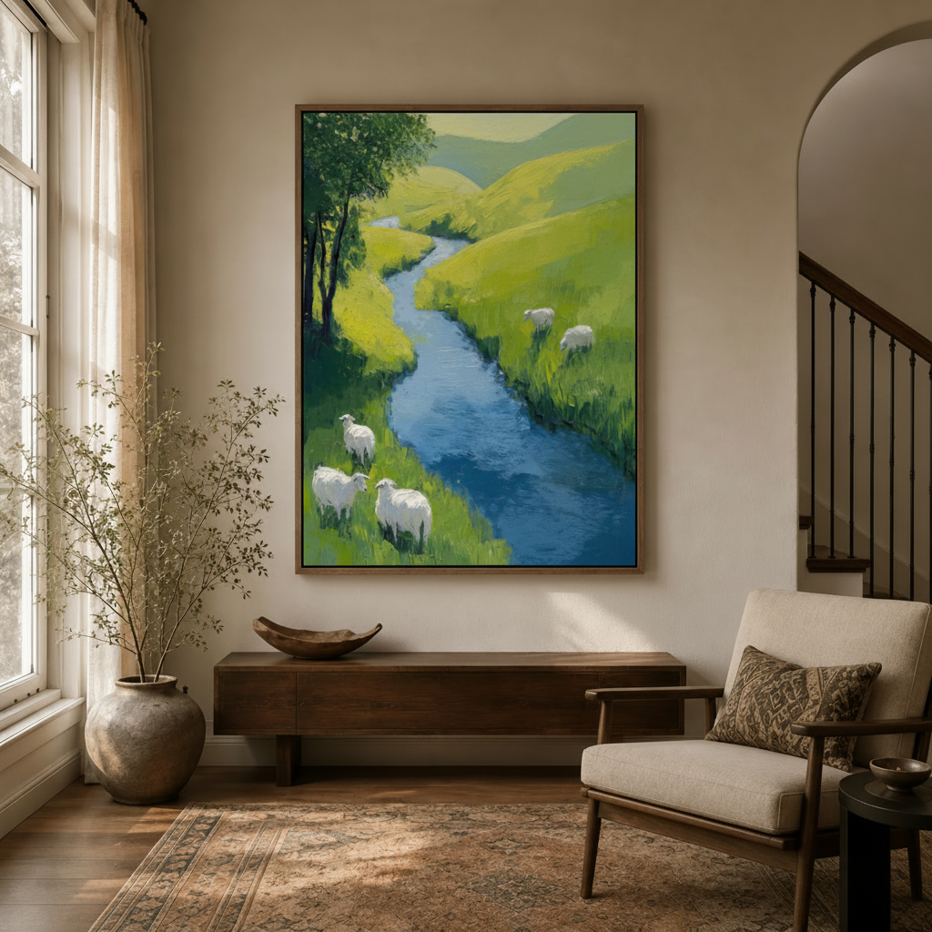 Impressionist pastoral stream canvas wall art displayed in a warm entryway above a wood console