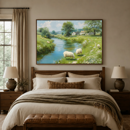English countryside sheep river pastoral canvas wall art in walnut float frame above neutral bedroom headboard