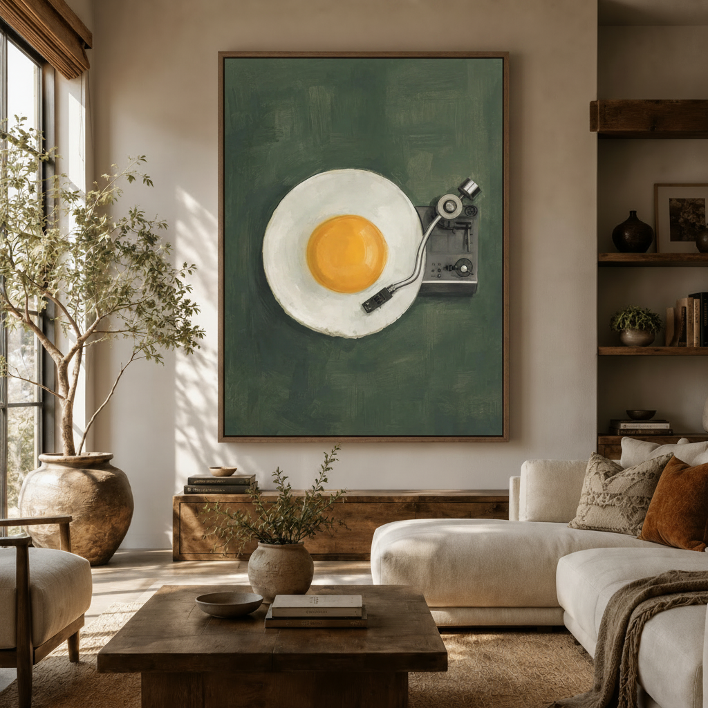 Surrealist fried egg turntable canvas print displayed in a warm modern living room above a wooden sideboard