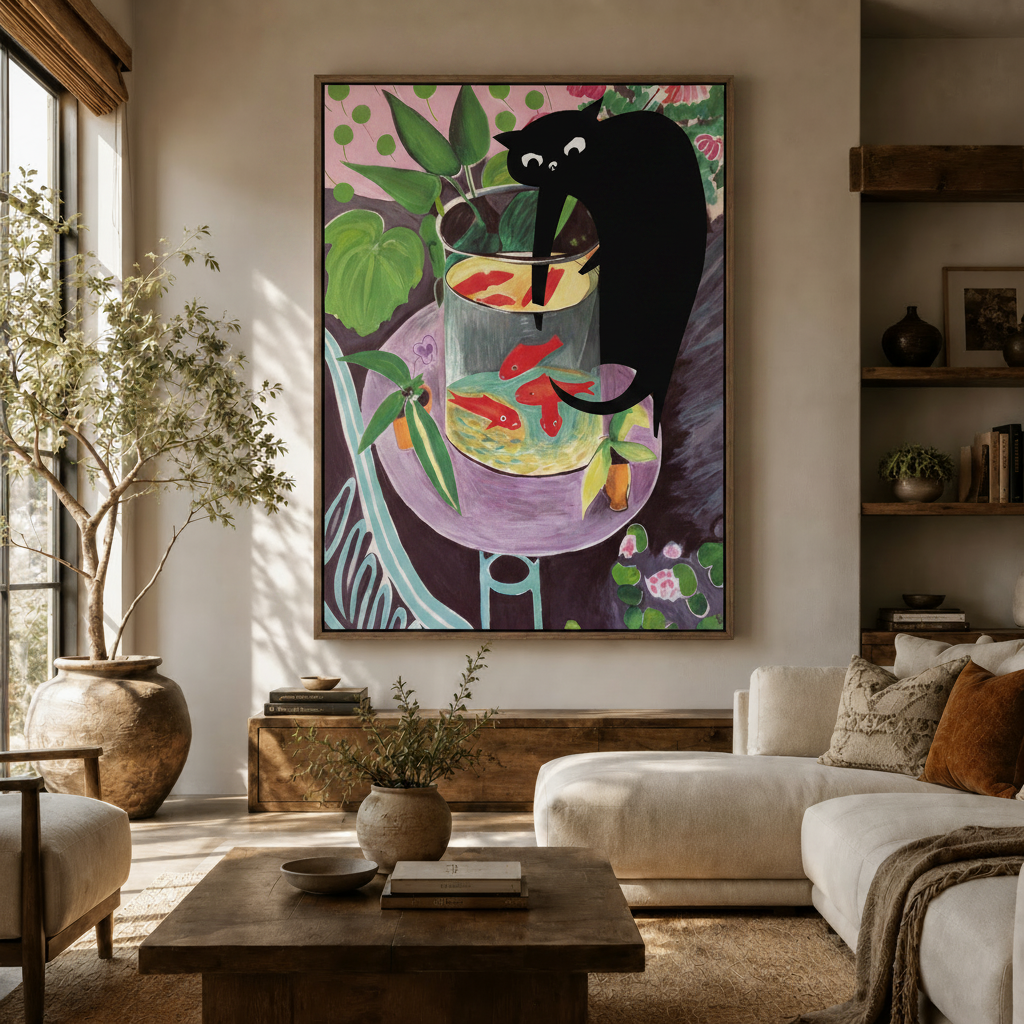	Black cat goldfish bowl Matisse canvas art in warm Japandi living room above wooden sideboard