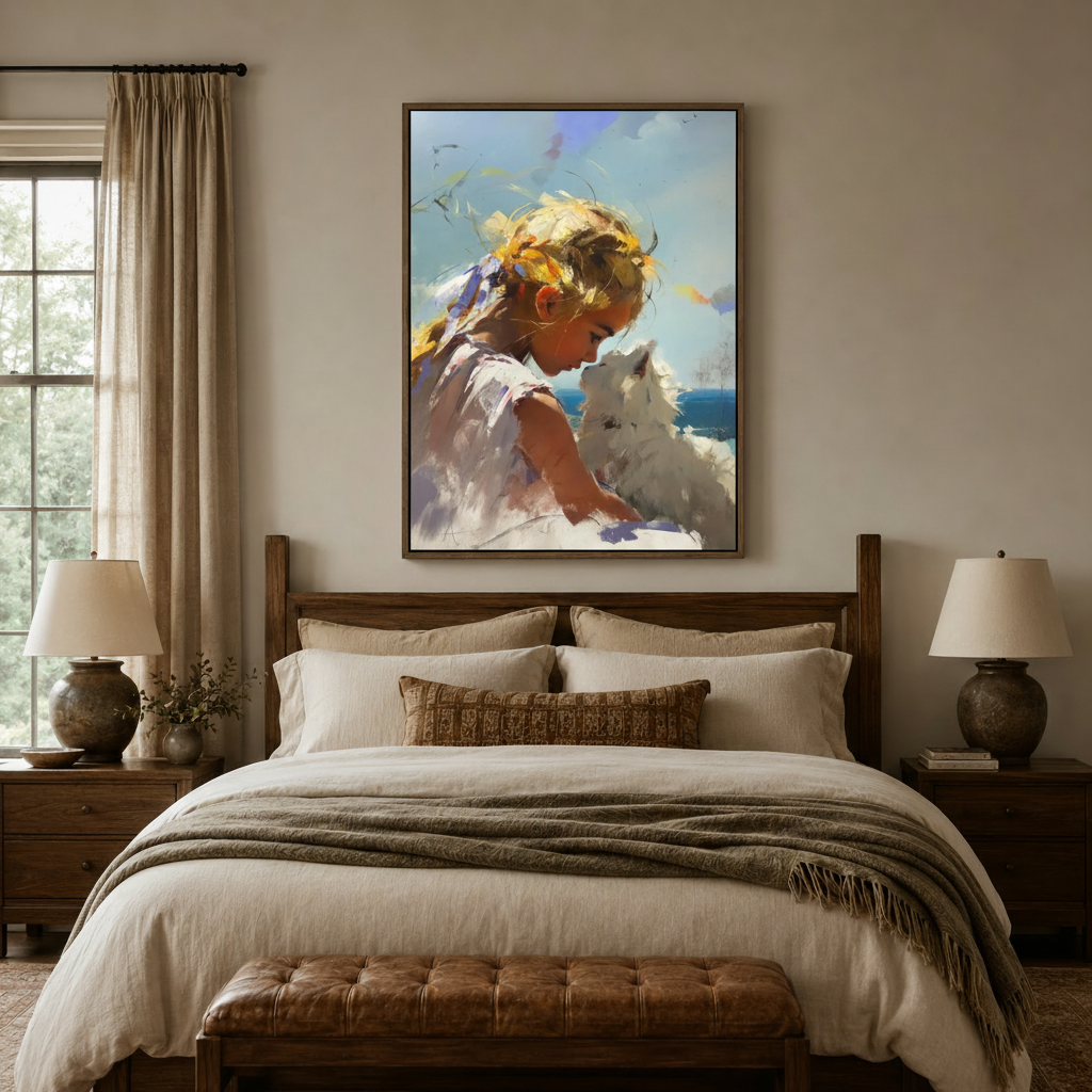 Girl and white cat impressionist canvas wall art displayed above bed in warm neutral bedroom