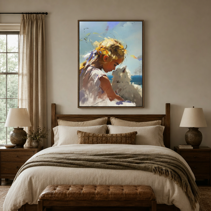 Girl and white cat impressionist canvas wall art displayed above bed in warm neutral bedroom