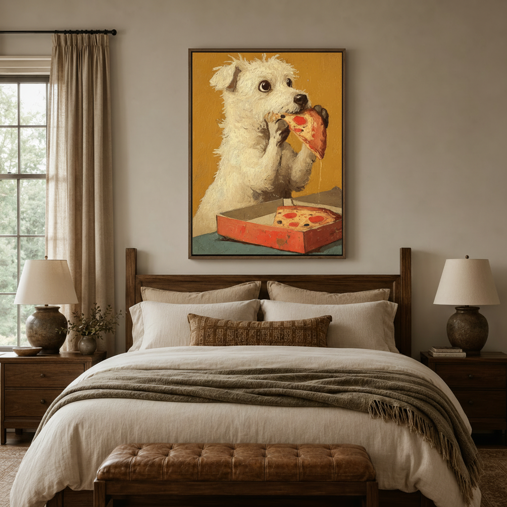 Funny dog eating pizza canvas wall art in walnut float frame displayed above bed headboard in cozy bedroom