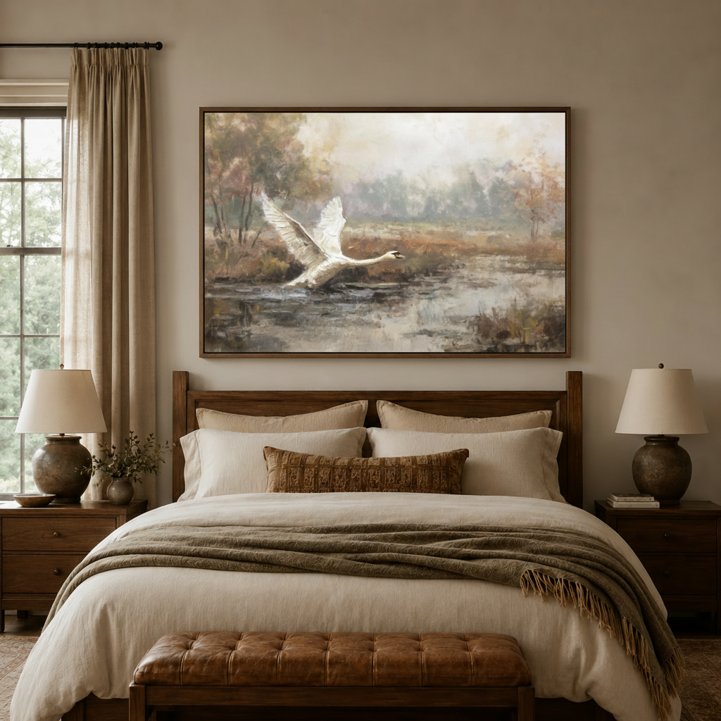 White swan taking flight wetland classical canvas wall art displayed above warm neutral bedroom headboard