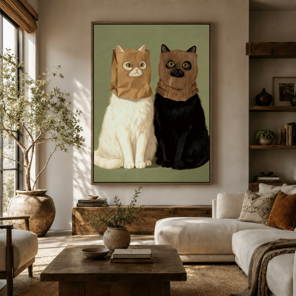Whimsical masked cats canvas print displayed in a warm modern living room above a wood console