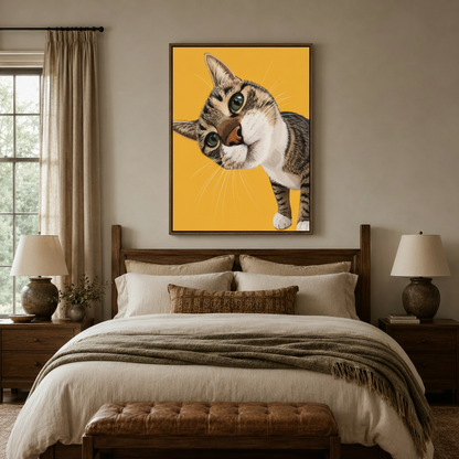 Funny cat riding dog classical canvas wall art in walnut float frame above linen headboard bedroom
