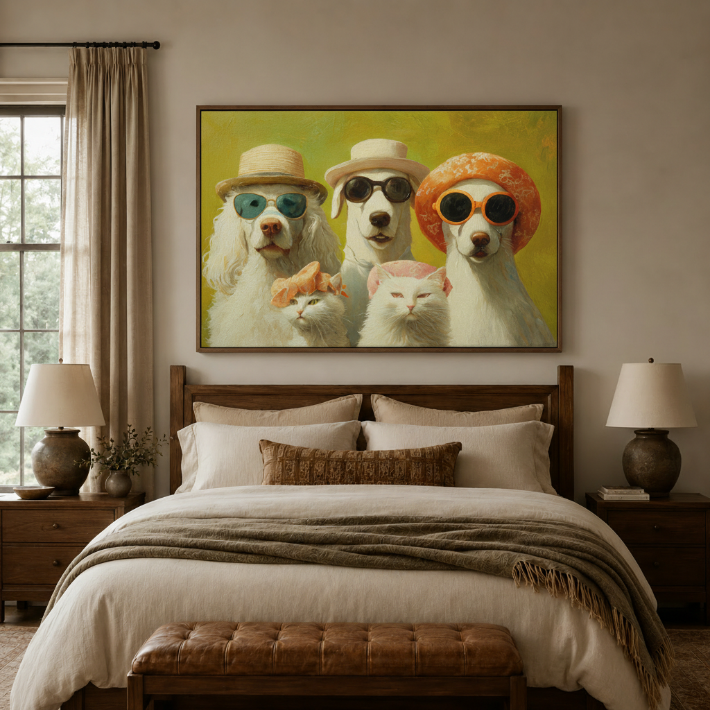 Funny dogs and cats portrait impressionist canvas wall art in dark walnut frame above cozy bedroom bed