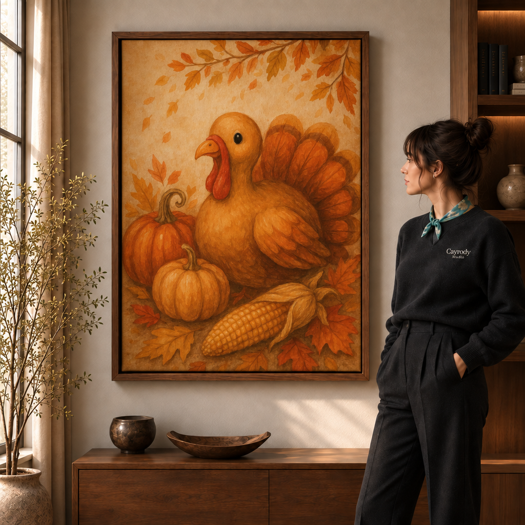 Autumn turkey wall art in a walnut floating frame above a wood console, admired by a woman in black