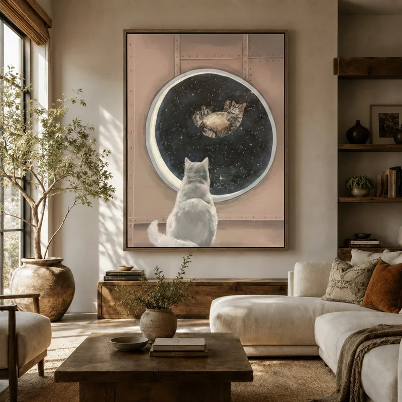 Large space galaxy cat wall art hanging above a sofa in a cozy boho living room