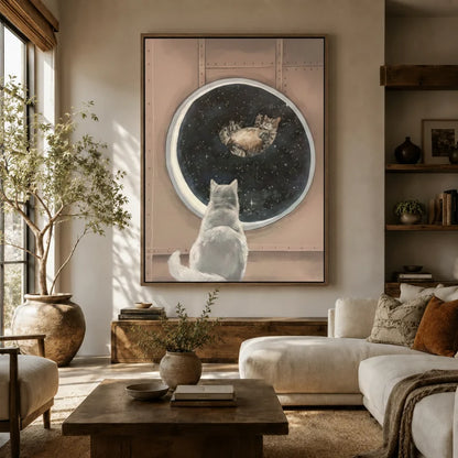 Large space galaxy cat wall art hanging above a sofa in a cozy boho living room