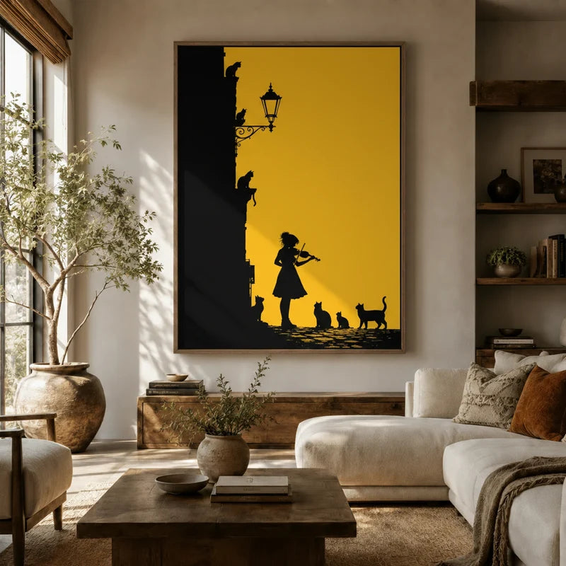 Violinist girl and cats silhouette canvas art displayed as large statement piece in a warm boho living room