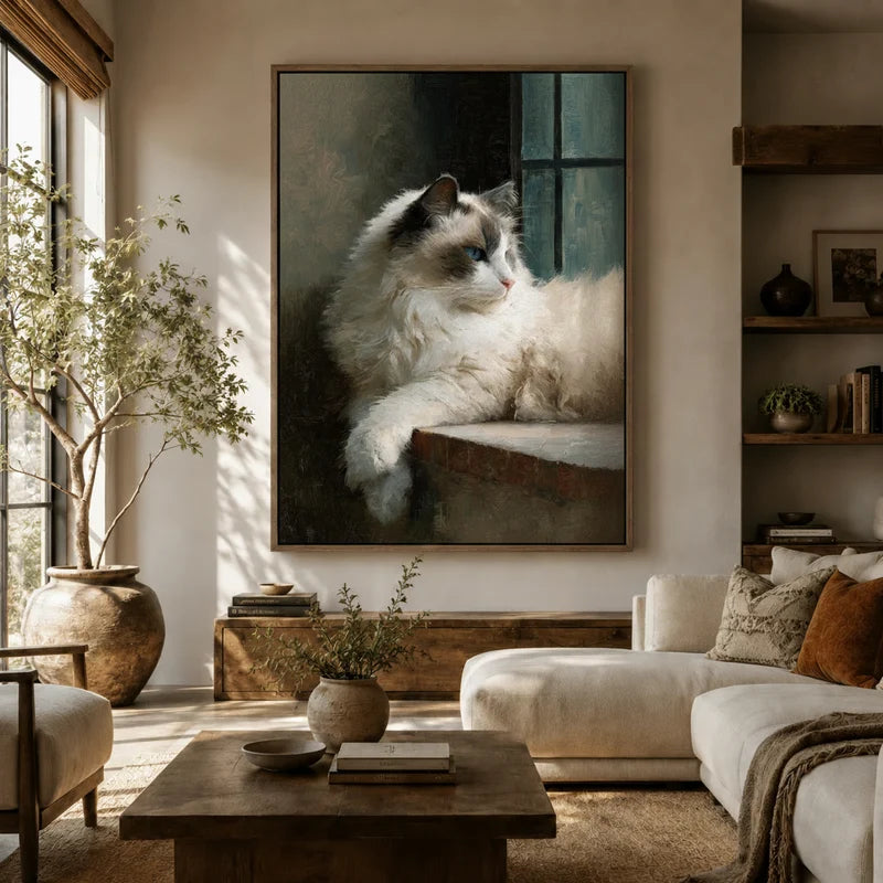 Large classical cat portrait canvas above sofa in earthy boho living room with linen cushions and wood shelving