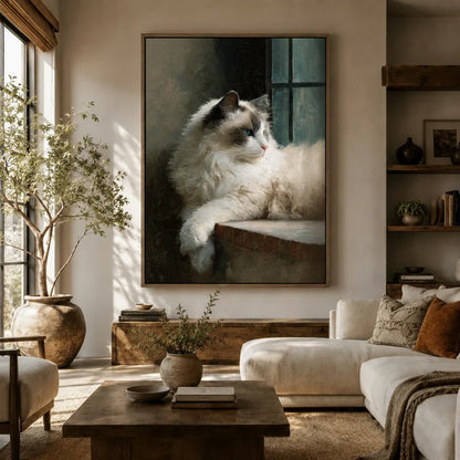 Large classical cat portrait canvas above sofa in earthy boho living room with linen cushions and wood shelving