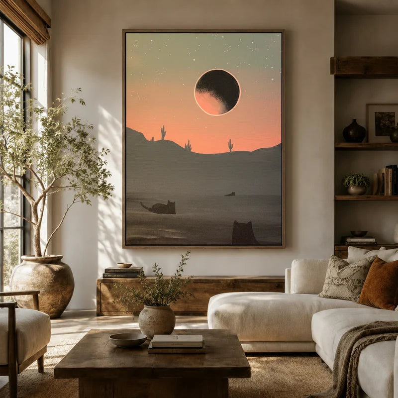 Large Kaaba starry night canvas hanging above sofa in a boho living room