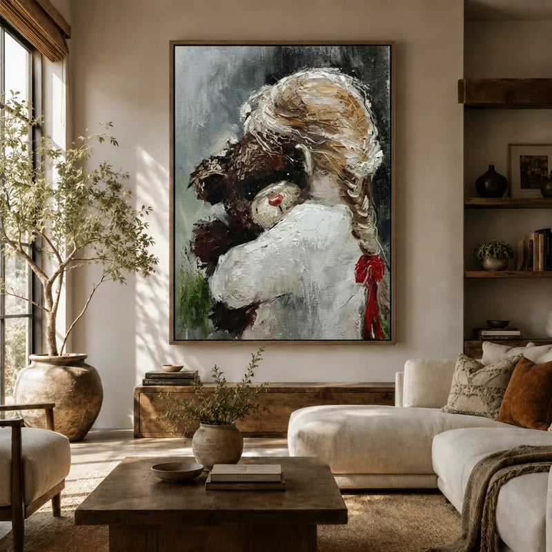 Emotional figurative wall art of girl hugging teddy bear in a cozy living room with natural light