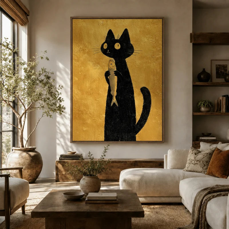 Folk art black cat wall art in a cozy living room with golden tones and natural light