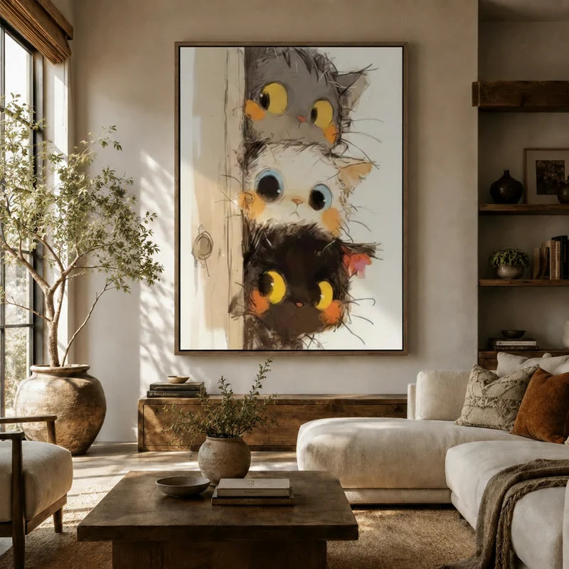 Whimsical stacked cats peeking door framed canvas hanging as large statement art in a bright boho living room
